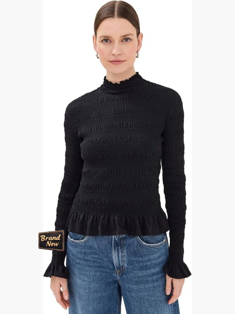 Ruffle Trim Smocked Jersey Tunic Top - Long Sleeve, Soft Mid-Weight